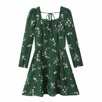 Retro floral print heart-shaped collar ruffled long-sleeved dress - Thumbnail 2