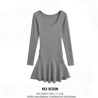 U-neck long-sleeved dress new autumn design pleated waist slim hip short skirt - Thumbnail 2
