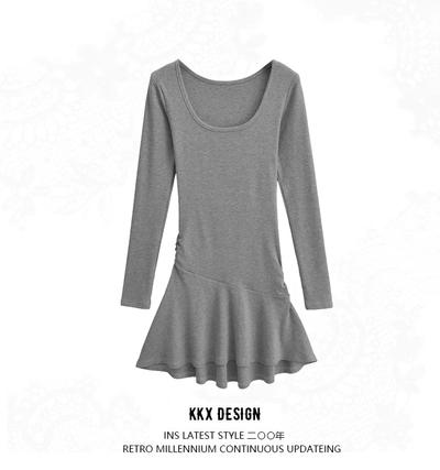 U-neck long-sleeved dress new autumn design pleated waist slim hip short skirt