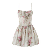 Sweet Printed Suspender Dress French Square Neck Sexy Backless Slim Mini Skirt - Thumbnail 2