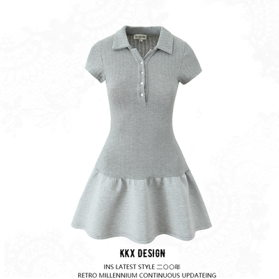 Sweet knitted patchwork short tennis dress sexy slim fit chic lapel mini skirt