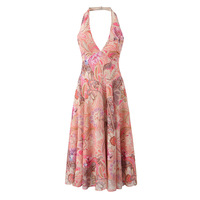 Retro Print Halter Neck Midi Dress Sexy Slim Backless Holiday Style Dress - Thumbnail 2
