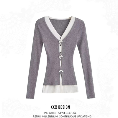V-neck single-breasted bow-decorated slim-fit pullover sweater