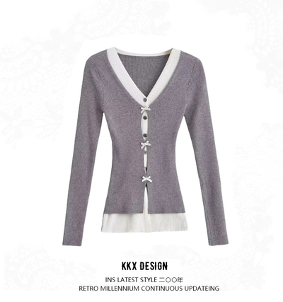 V-neck single-breasted bow-decorated slim-fit pullover sweater