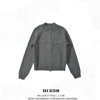 Vintage solid color stand collar double zipper knitted jacket