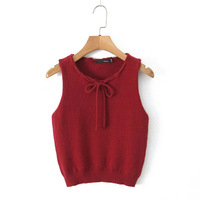Bowknot round neck knitted sleeveless vest cuffed low waist anti-exposure pleated skirt suit - Thumbnail 3