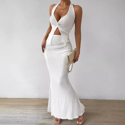 Twist v-neck backless halter neck tops and high waist long skirt set for women 2 piece summer outfits 