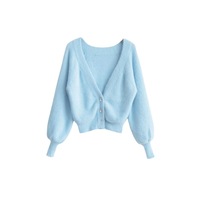 V-neck three-button furry knitted cardigan coat - Thumbnail 2