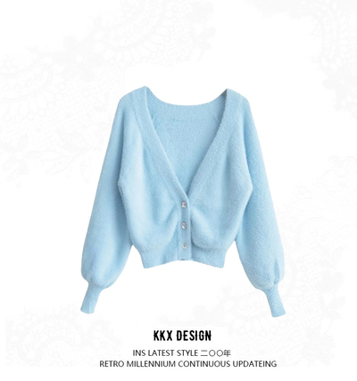 V-neck three-button furry knitted cardigan coat