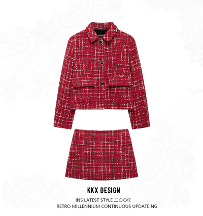 Shoulder Textured Tweed Lapel Suit Jacket Women's High Waist A-Line Skirt Pants Set