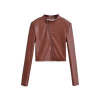 Stand collar slanted placket zipper slim leather jacket - Thumbnail 3