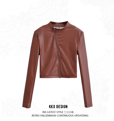 Stand collar slanted placket zipper slim leather jacket