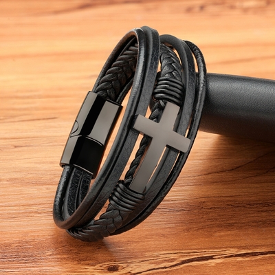 Stainless steel cross design classic  men's leather bracelet - Thumbnail 3