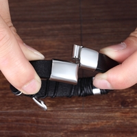 Stainless Steel Cross Design Classic  Men's Leather Bracelet - Thumbnail 3