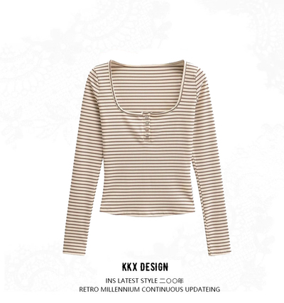 U-neck button-down long-sleeved bottoming shirt