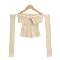 Off-shoulder single-breasted long-sleeved knitted sweater - Thumbnail 2