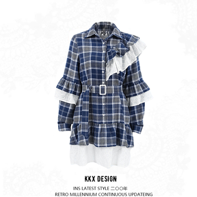 Patchwork waist plaid a-line skirt ruffle dress