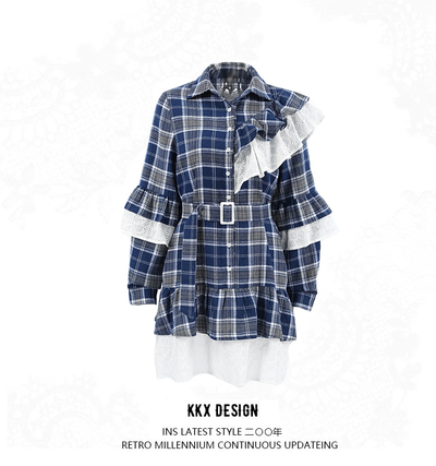 Patchwork waist plaid A-line skirt ruffle dress