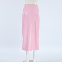 Fashion pink PU leather skirt commuting hip straight skirt - Thumbnail 1