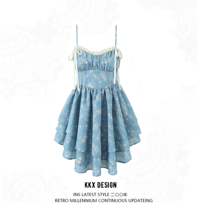 Blue tie-dye princess tutu skirt waist ballet style lace skirt