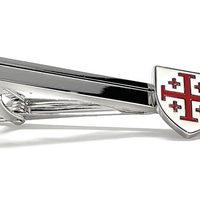 Crusaders Shield Tie Clip Jerusalem Cross Cut White and Red Enamel Design Silver Tone 3D Five-Fold Cross Tie Bar - Thumbnail 1