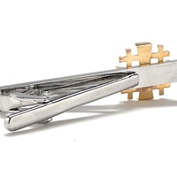 Jerusalem Cross Tie Bar Crusaders Shield Cut Out Design Silver and Gold Tone 3D Five-Fold Cross Tie Bar - Thumbnail 2