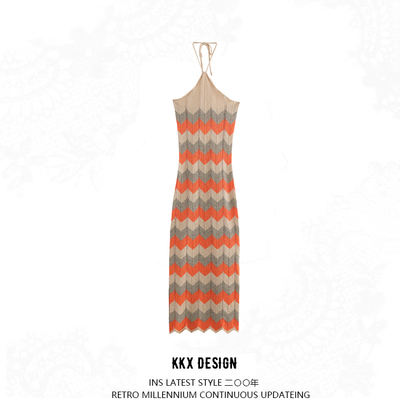Hollow knit patchwork holiday long halter dress