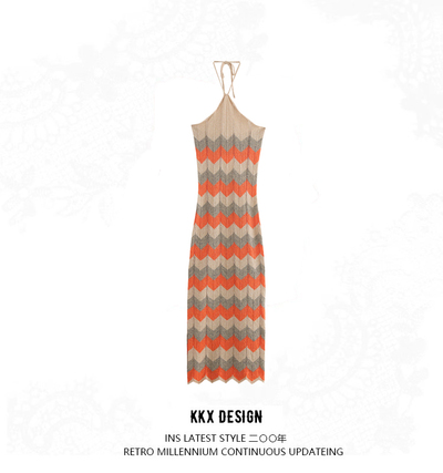 Hollow knit patchwork holiday long halter dress