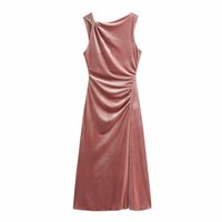 Fashionable Slant Neck Velvet Waist Pleated Solid Color Sleeveless Dress - Thumbnail 2