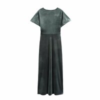 Velvet V-neck short-sleeved long dress - Thumbnail 1