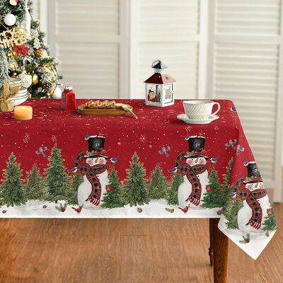 Christmas tablecloth 60×84 inch, winter snowman trees red washable table cover 