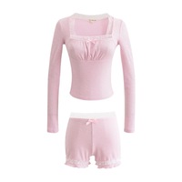 Lace Panel Square Neck Long Sleeve T-shirt Low Waist Bow Decorated Slim Fit Hottie Shorts Set - Thumbnail 7