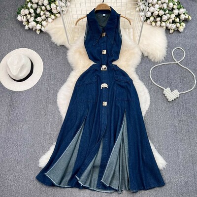 Retro lapel hollowed out denim dress
