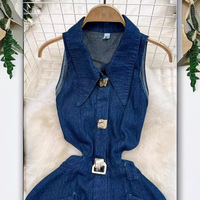 Retro lapel hollowed out denim dress - Thumbnail 1