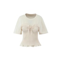 Retro round neck bat sleeve ruffled short sleeve T-shirt - Thumbnail 2