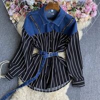 Fashion Women Girls Demin contrast color splicing long sleeve shirt  - Thumbnail 3
