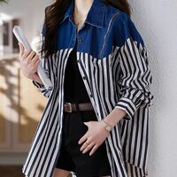 Fashion Women Girls Demin contrast color splicing long sleeve shirt  - Thumbnail 4