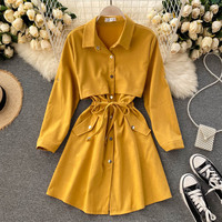 Autumn New Women's Dress POLO Collar Strap Waist Short A-line Skirt - Thumbnail 1