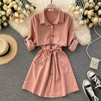 Autumn New Women's Dress POLO Collar Strap Waist Short A-line Skirt - Thumbnail 3