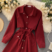Autumn New Women's Dress POLO Collar Strap Waist Short A-line Skirt - Thumbnail 9
