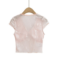 Romantic Butterfly Lace V-neck Short Sleeve T-shirt - Thumbnail 4