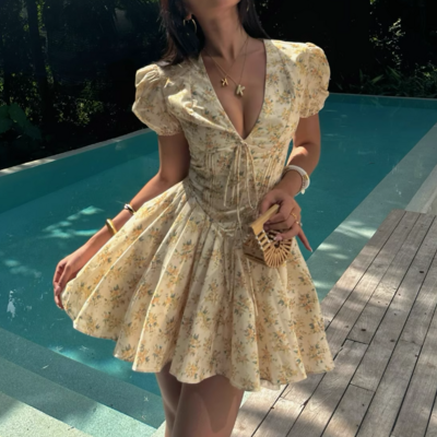 Deep v short-sleeved floral summer french dress sweet and spicy style fashionable puffy skirt - Thumbnail 3
