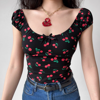 Cherry full print low cut round neck short sleeves women's puff sleeve slim fit t-shirt