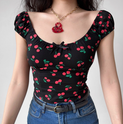 Cherry full print low cut round neck short sleeves women's puff sleeve slim fit T-shirt