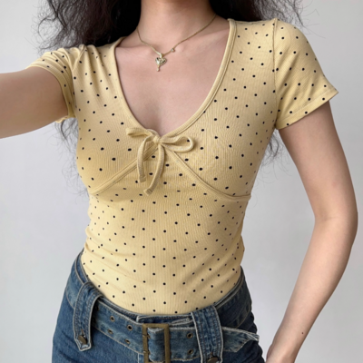 Retro Polka Dot Bowknot V-Neck T-Shirt