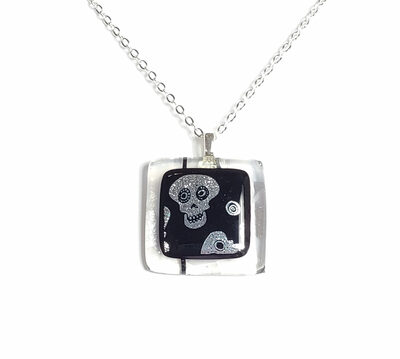 Dichroic Skulls on Clear Striped Fused Glass Necklace