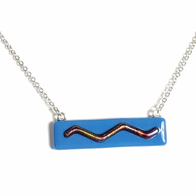 Dichroic wave on blue fused glass bar necklace
