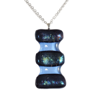 Iridescent black on transparent blue fused glass necklace