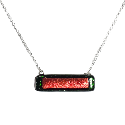 Dichroic red on green sparkle fused glass bar necklace