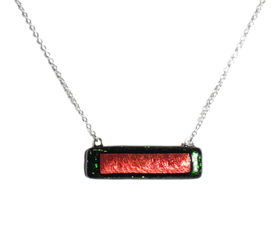 Dichroic Red on Green Sparkle Fused Glass Bar Necklace